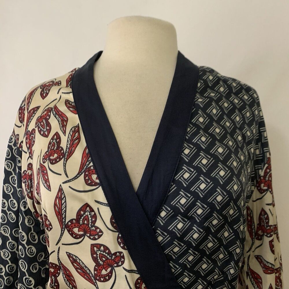 Anthropologie Meadow Rue Blouse Size S Navy Red Floral Wrap Kimono Style Boho - Picture 3 of 9